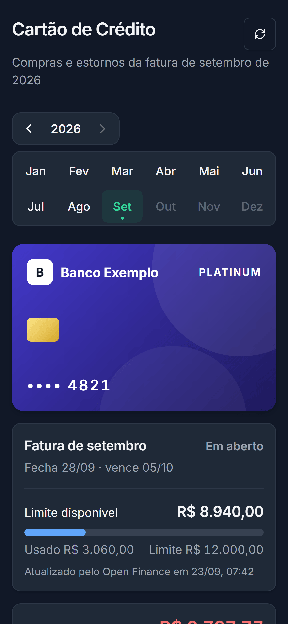 Tela Cartão de Crédito: o cartão, a fatura em aberto com fechamento e vencimento, e o limite disponível